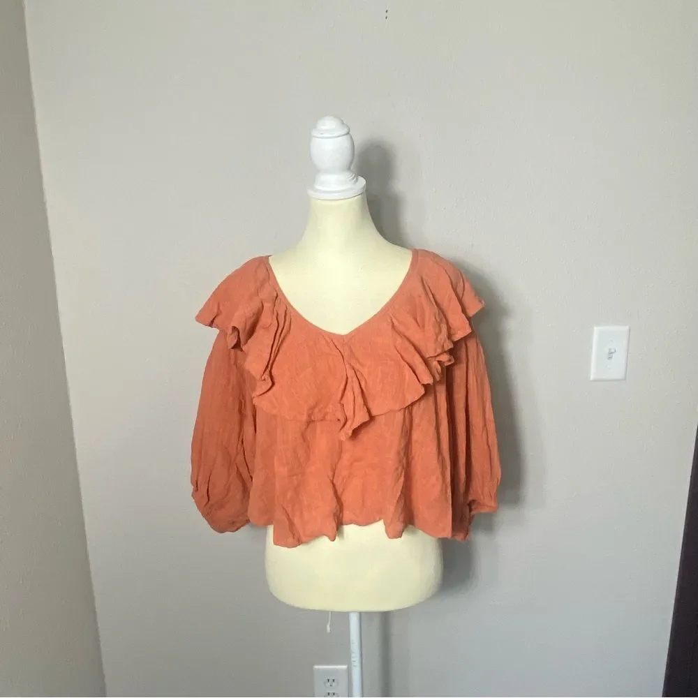 Free People Zuri Ruffle Open Back Cotton Blouse Ginger Spice Women's Size Small